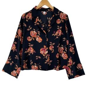 BP Brass Plum Button Front Shirt Womens Small Black Floral Polyester Wide Sleeve
